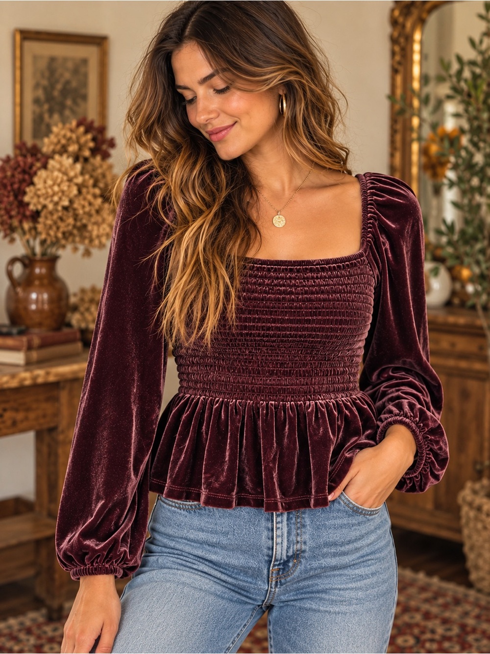 Gap Velvet Smocked Peplum Top Large Dark Maroon Square Neck Long Sleeve
